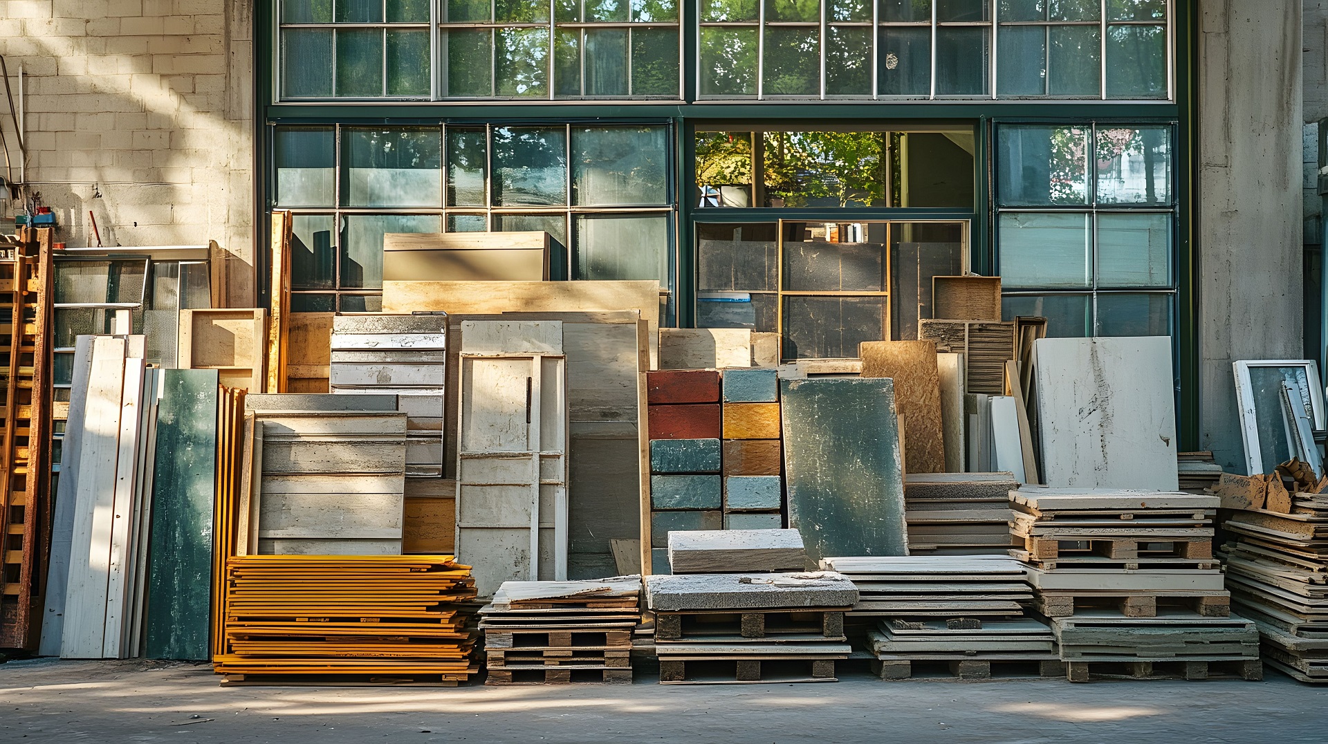Stapel von wiederverwendbaren Bauplatten aus Holz und Metall in Lagerhalle mit großen Fenstern.