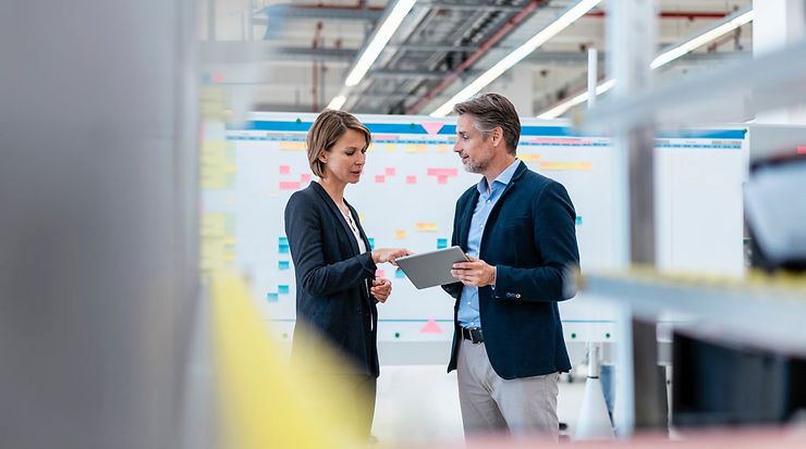 Two people are standing in an office discussing a topic