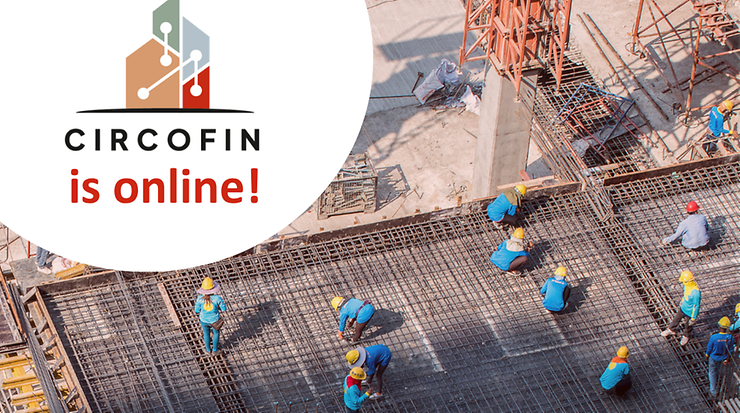 Construction workers on a construction site, CirCoFin logo beside them.