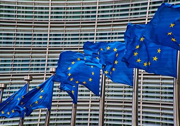 Acht gehisste europäische Flaggen vor Gebäude 
